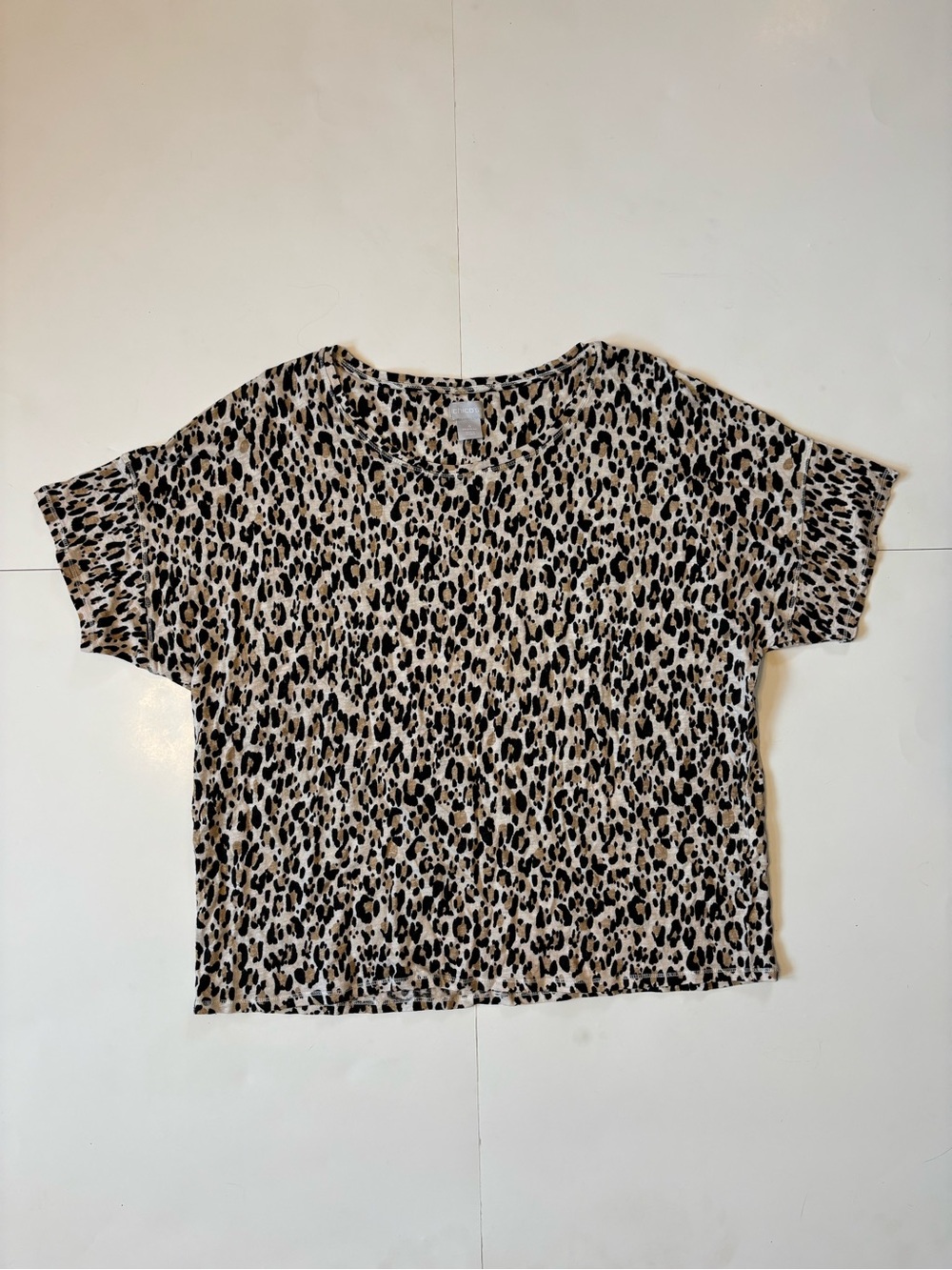 Chico's Leopard Print Dolman Short Sleeve Top - Beige & Black 100% Linen